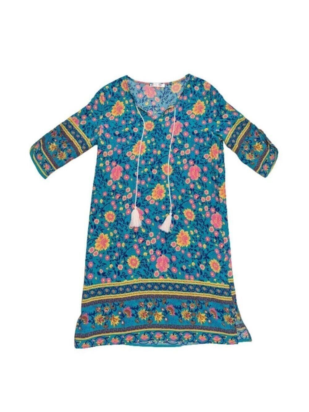 Halife Floral Boho Tassel Dress Size M – Blue Multicolor Tunic Shift